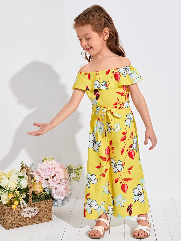 Toddler Girls Floral Print Belted Bardot Jumpsuit