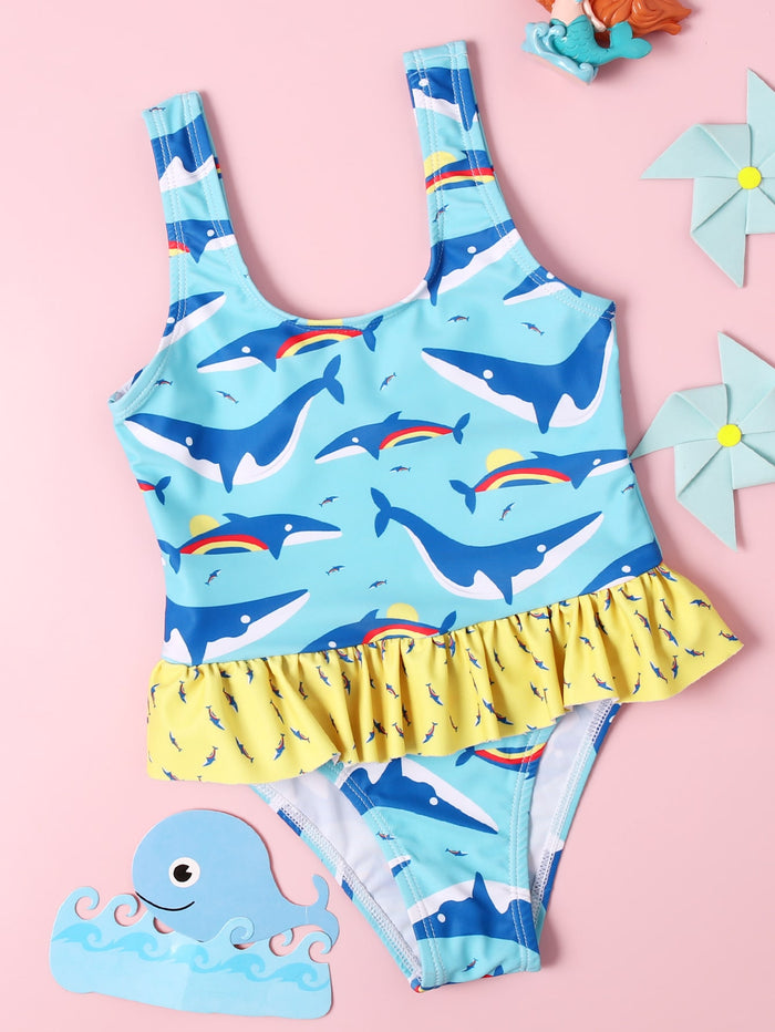 Toddler Girls Whale Print Ruffle One Piece Swimsuit
