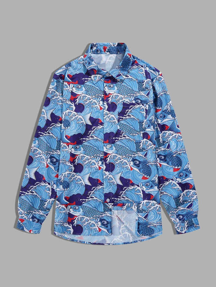 Men Fish And Sew Wave Print Shirt