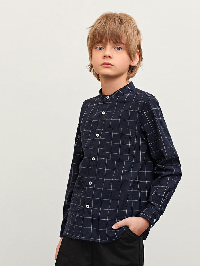 Boys Grid Mock Neck Single Breasted Shirt