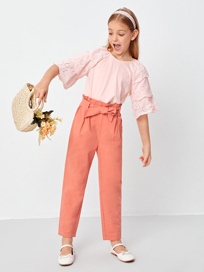 Girls Eyelet Embroidered Layered Sleeve Top & Paperbag Waist Belted Pants Set