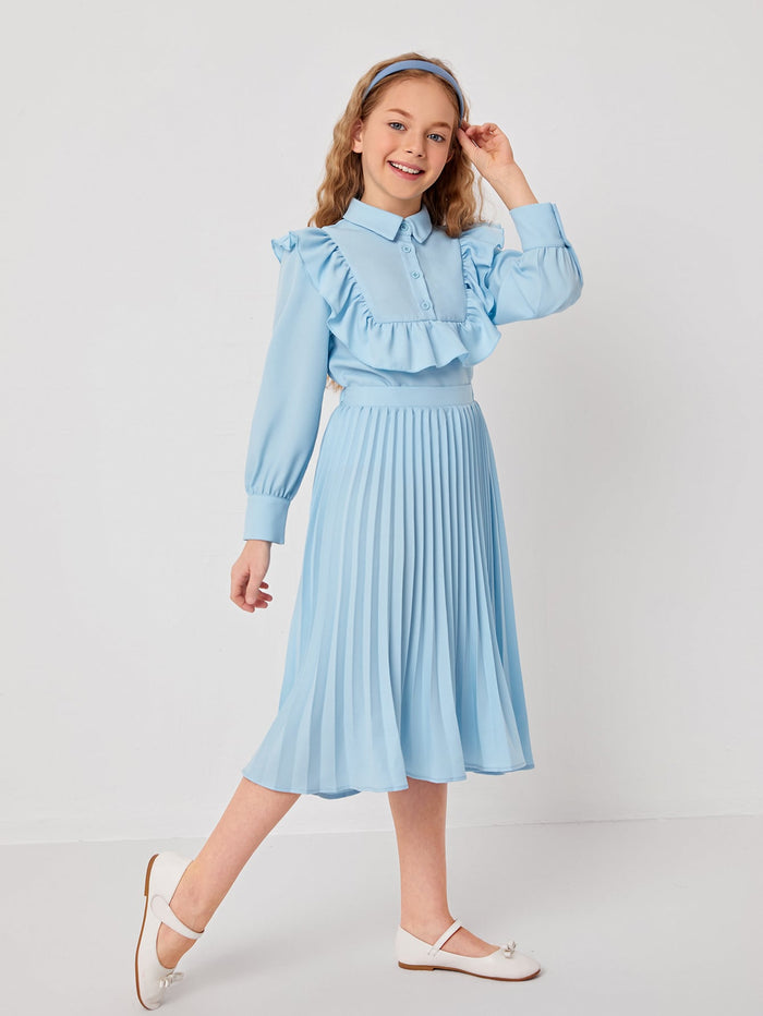 Girls Ruffle Trim Blouse & Pleated Skirt Set
