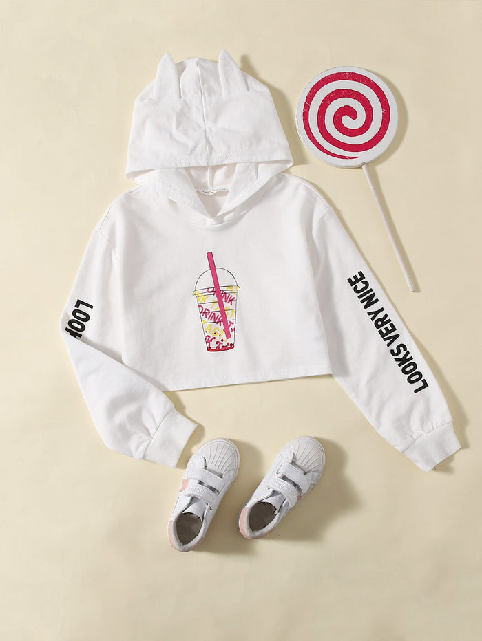 Girls Slogan & Cup Print Hoodie