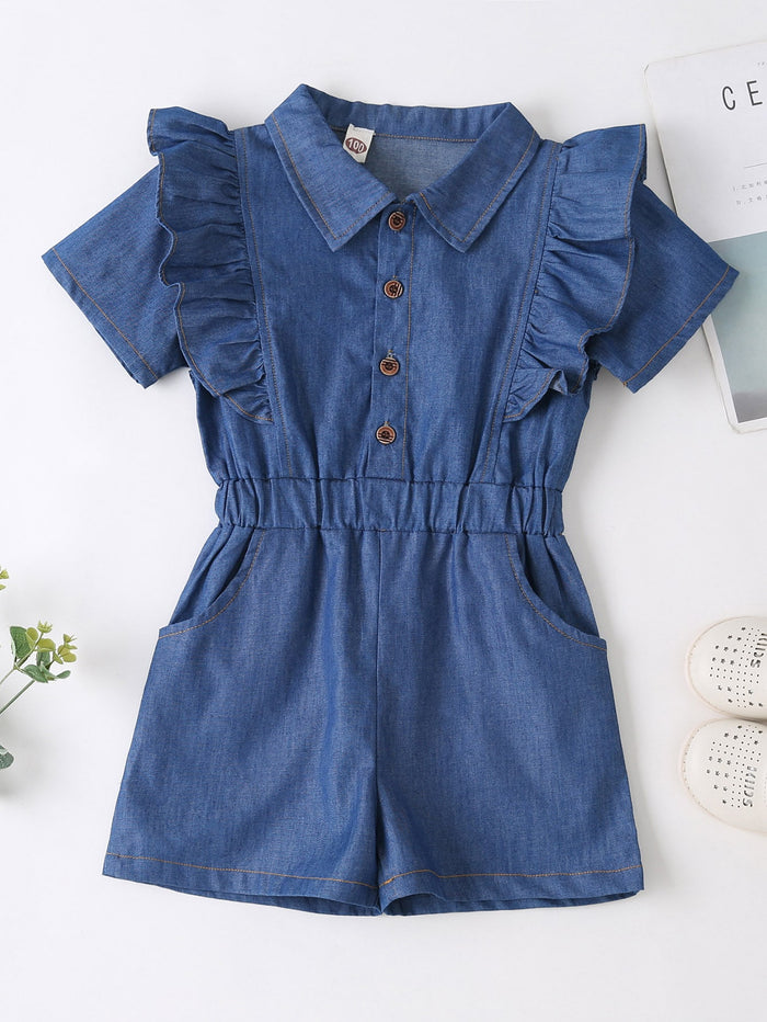 Toddler Girls Ruffle Trimed Button Denim Romper