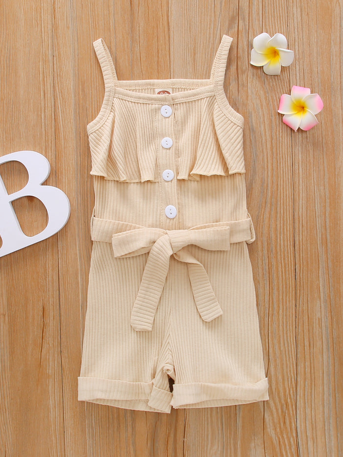 Toddler Girls Rib-knit Half Placket Belted Cami Romper