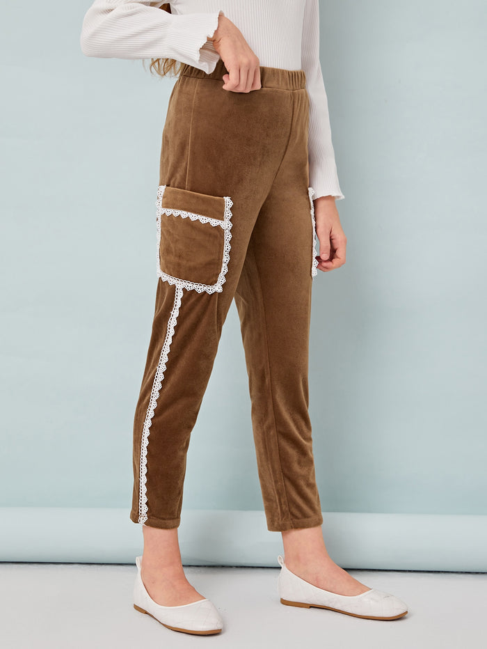 Girls Guipure Lace Trim Pocket Patched Pants