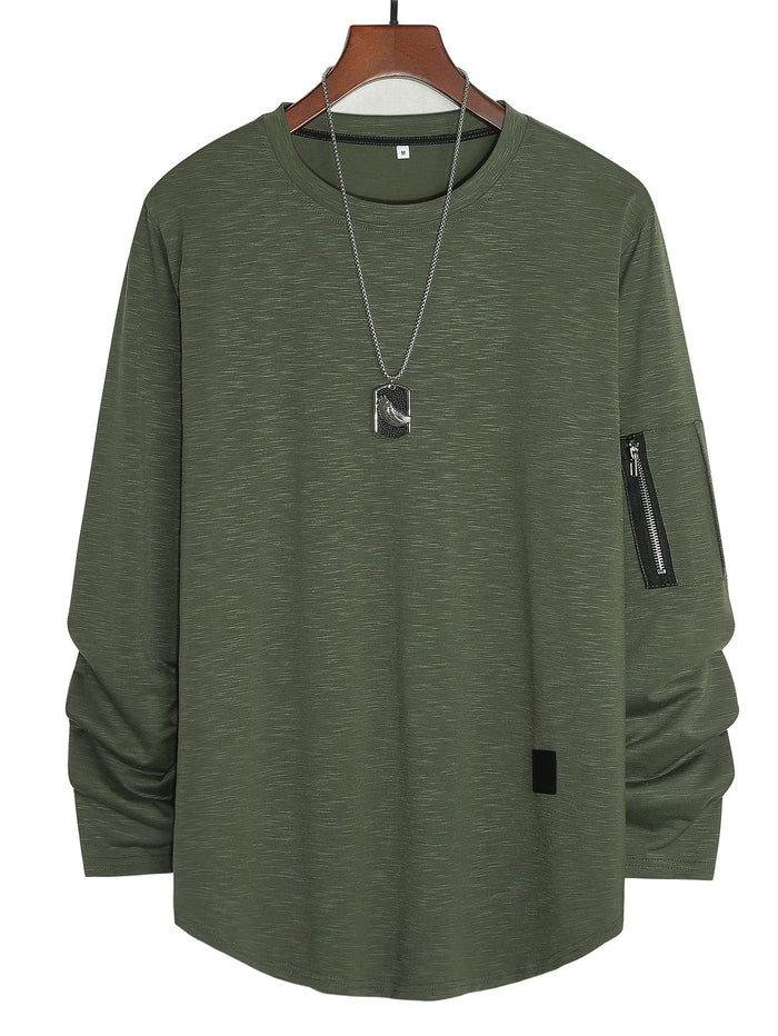 Men Zipper Side Patched Crew Neck Tee Army Green