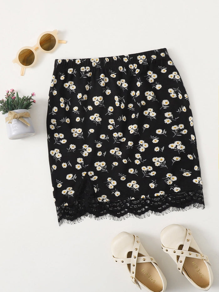 Girls Lace Hem Daisy Floral Skirt