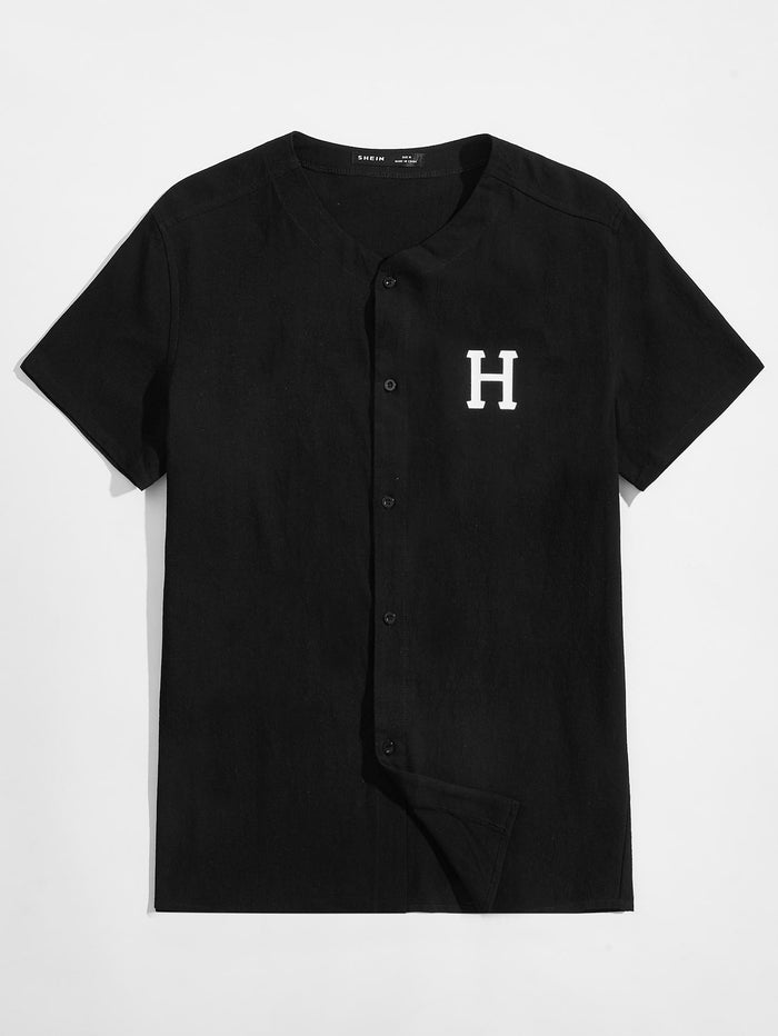 Men Buttoned Front Letter Graphic Shirt