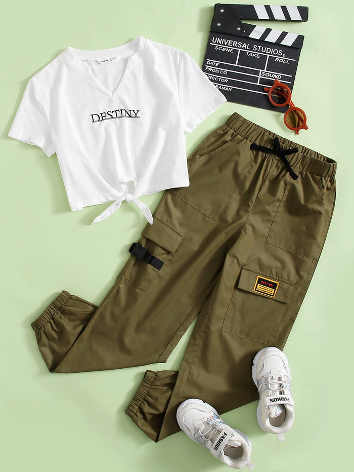 Girls Notch Neck Tie Hem Tee and Patched Cargo Pants Set Multicolor