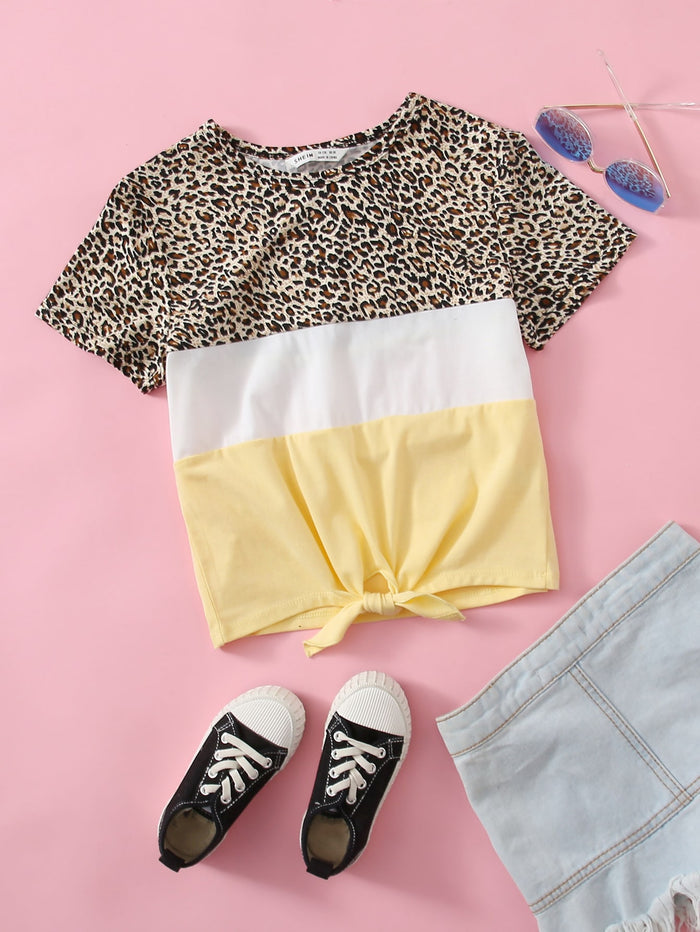 Girls Tie Hem Leopard Colorblock Tee Multicolor