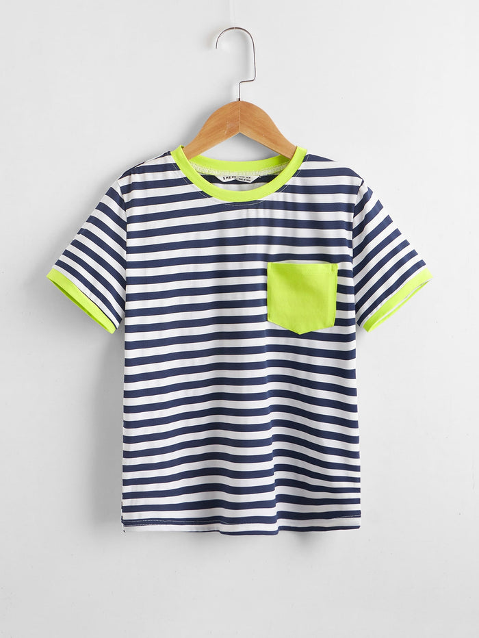 Boys Pocket Patched Striped Ringer Tee Blue and White