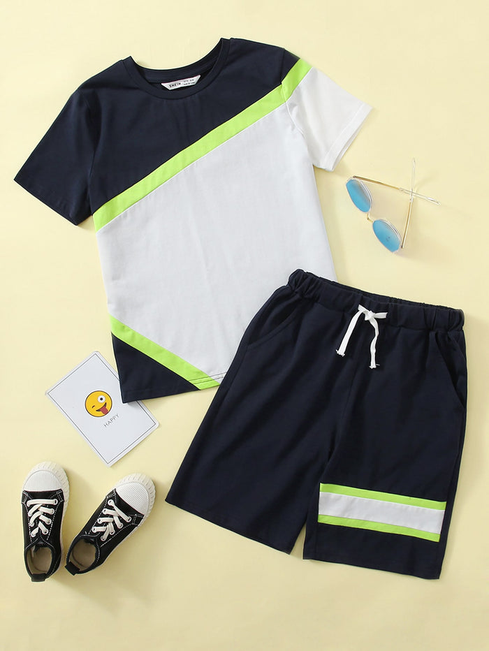 Boys Colorblock Tee & Drawstring Waist Shorts Set
