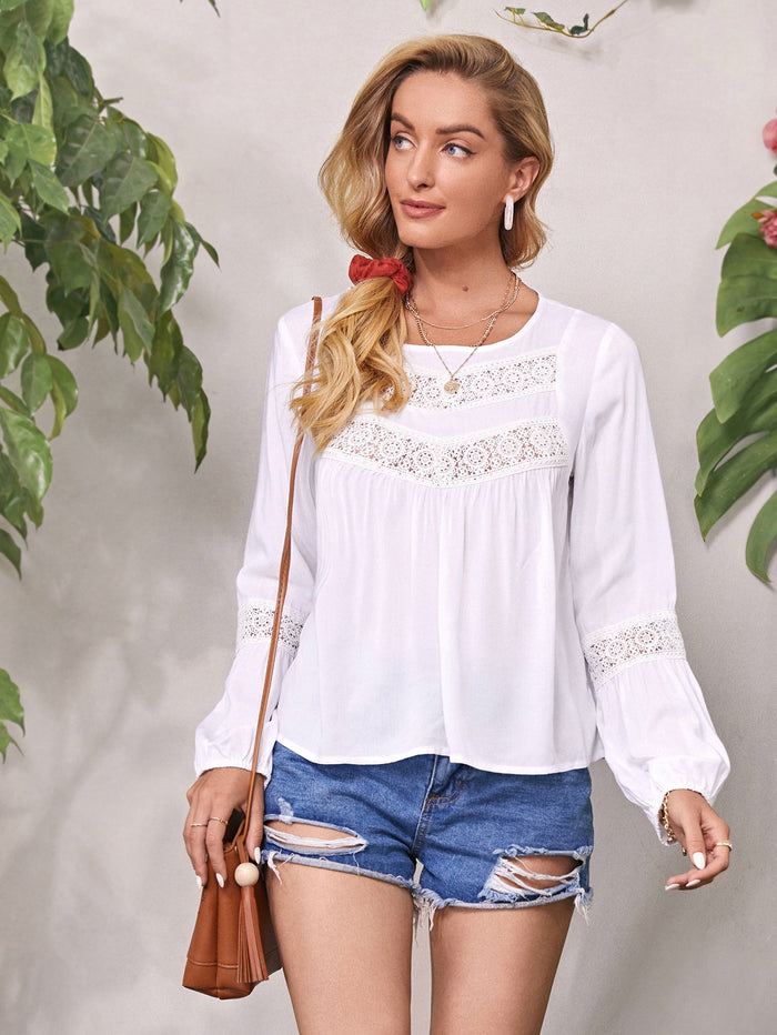 Lantern Sleeve Lace Insert Top
