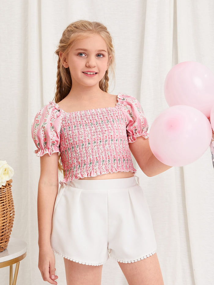 Girls Floral Shirred Puff Sleeve Top