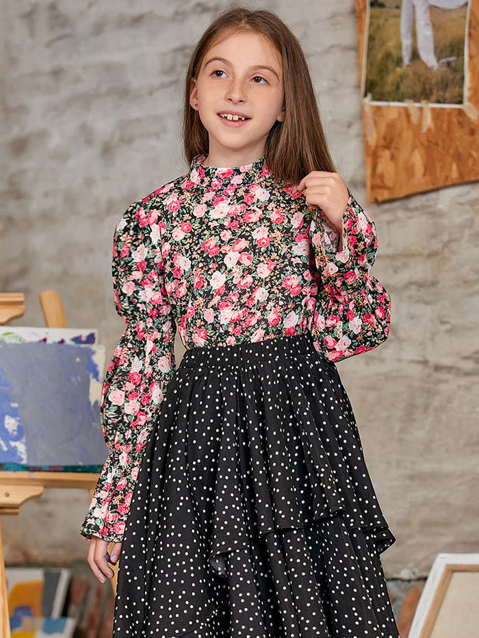 Girls Gathered Sleeve Allover Floral Print Top