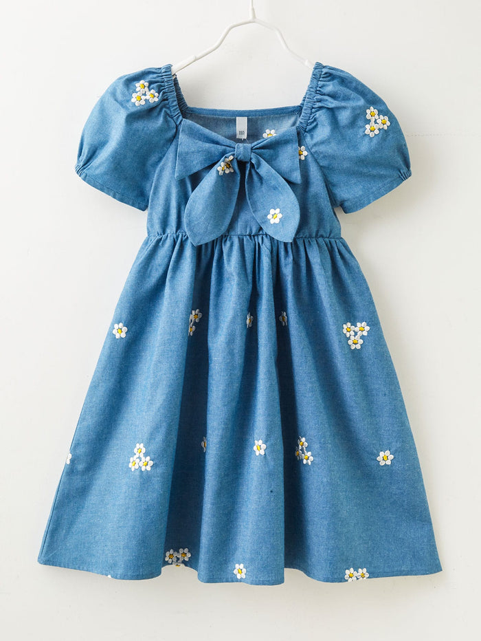 Girls Floral Embroidery Bow Front Denim Dress