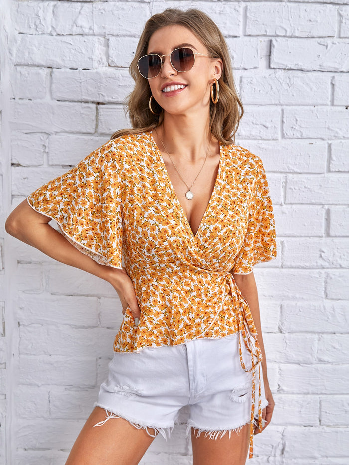 Ditsy Floral Wrap Tie Side Blouse