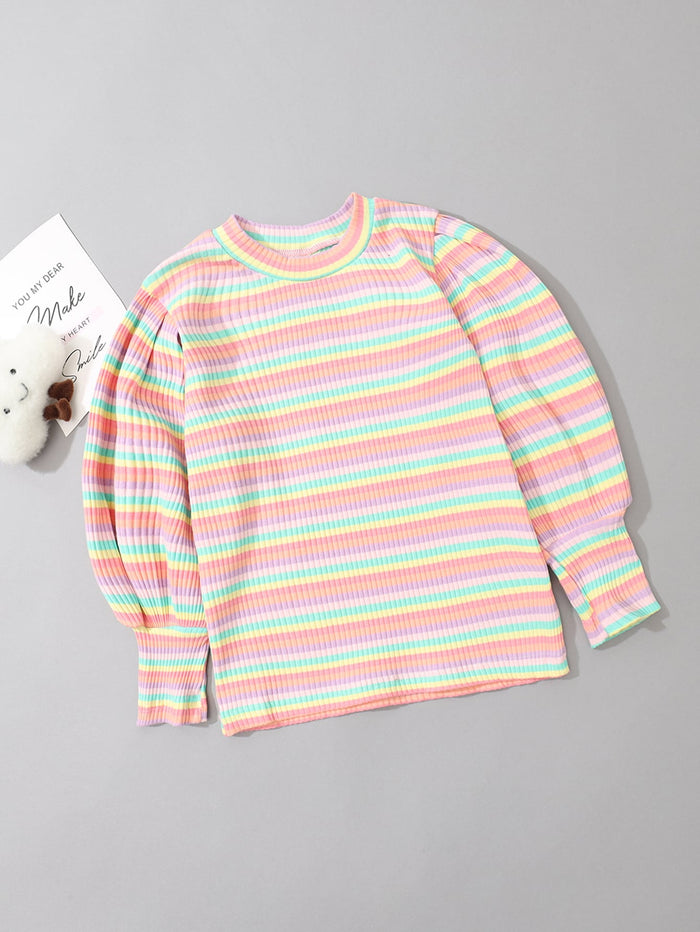 Toddler Girls Rainbow Stripe Puff Sleeve Tee