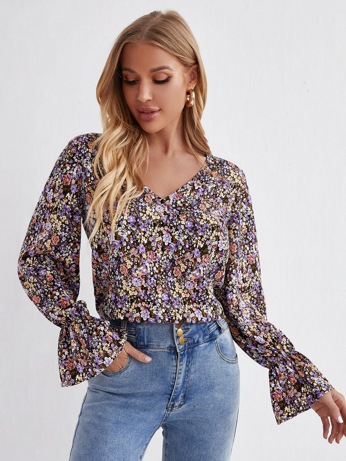 V-neck Flounce Sleeve Floral Top Multicolor