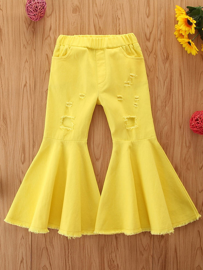Toddler Girls Ripped Raw Hem Flare Leg Jeans Yellow