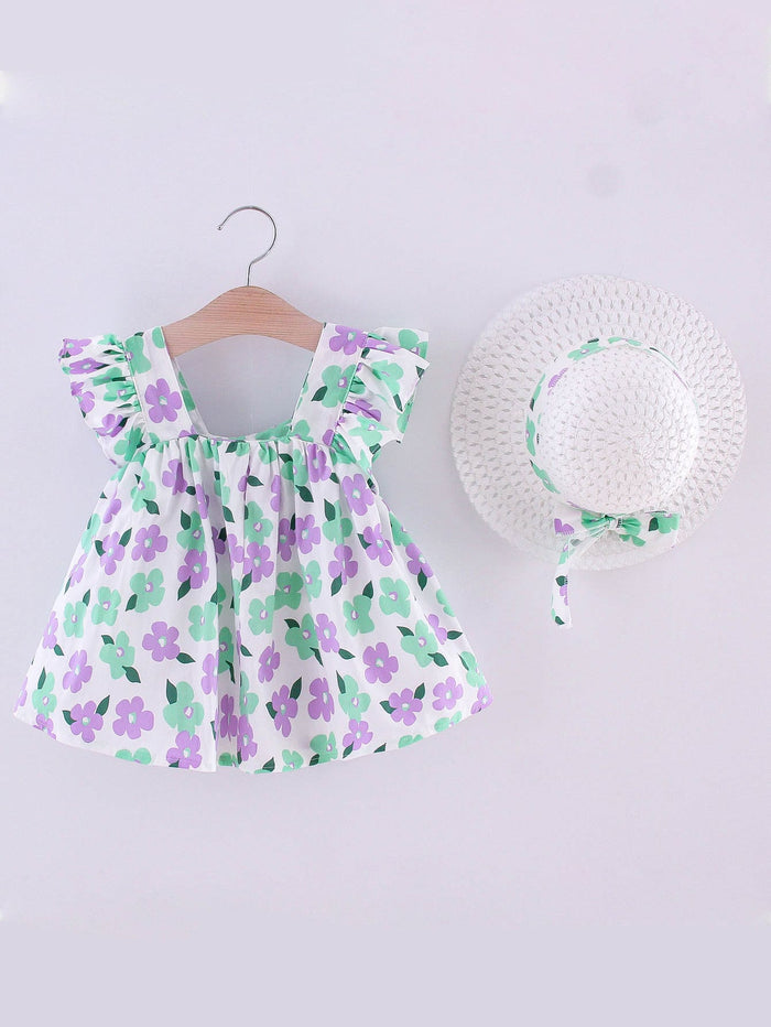 Toddler Girls Allover Floral Print Ruffle Trim Blouse & Hat