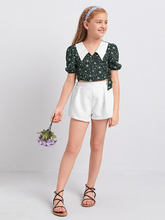 Girls Floral Contrast Collar Puff Sleeve Knot Side Blouse