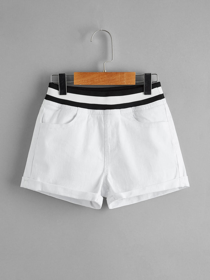 Girls Striped Waist Slant Pocket Denim Shorts
