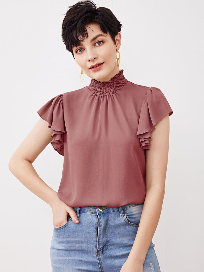 Shirred Neck Ruffle Armhole Top Dusty Pink