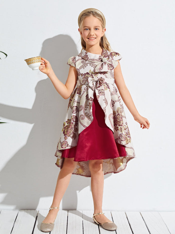 Girls Floral Print Bow Front Gown Dress