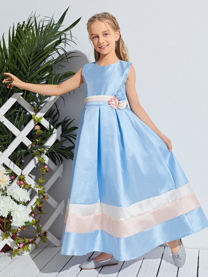 Girls Striped Print Appliques Bow Back Gown Dress