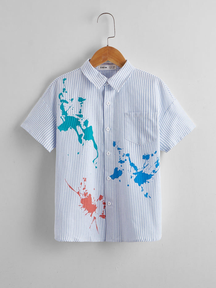 Boys Collared Ink Splatter and Striped Shirt