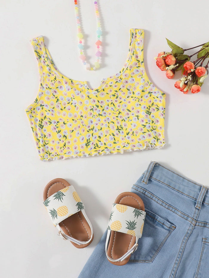 Girls Lettuce Trim Ditsy Floral Tank Top