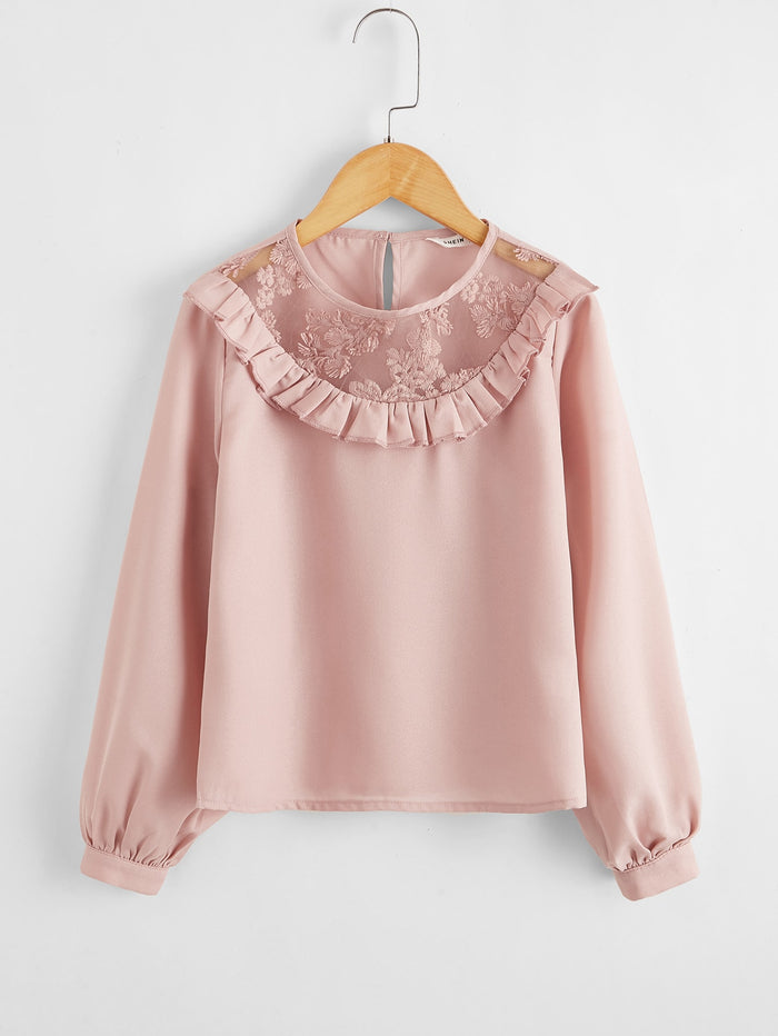 Girls Ruffle Trim Embroidered Mesh Yoke Top Pastel