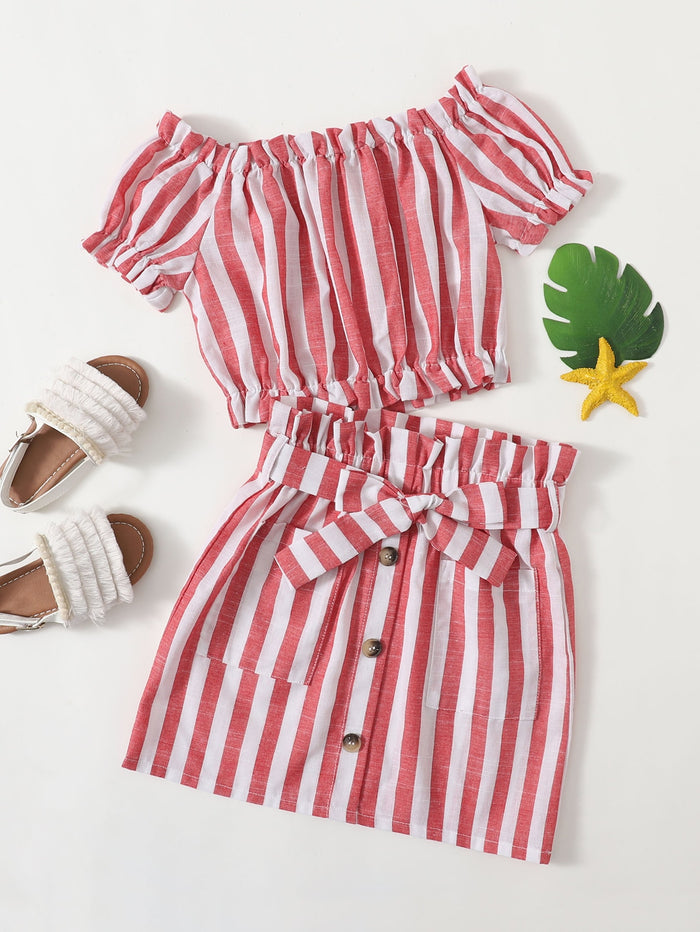 Frill Trim Striped Top & Patch Pocket Belted Skirt Set Red and White