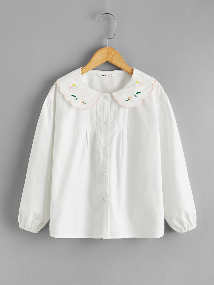 Girls Floral Embroidered Pleated Detail Blouse