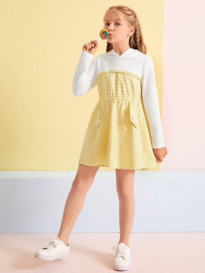 Girls Gingham Colorblock Hooded Dress