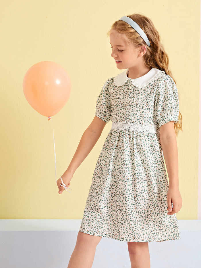 Girls Ditsy Floral Contrast Collar Dress