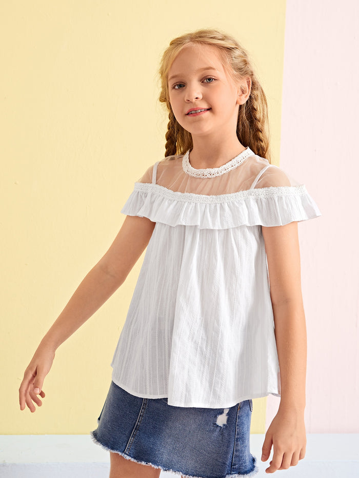 Girls Sheer Mesh Lace Trim Top