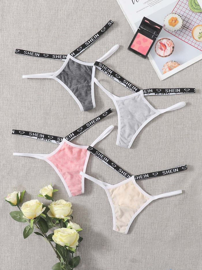 4pack Rib Letter Tape Panty Set