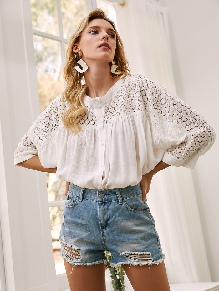Contrast Lace Batwing Sleeve Blouse