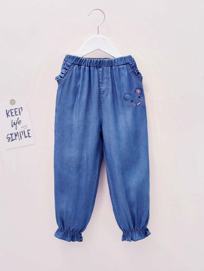 Toddler Girls Cartoon Embroidered Ruffle Hem Jeans