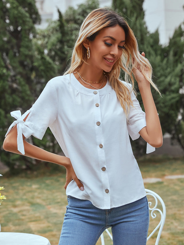 Knot Cuff Button Front Blouse