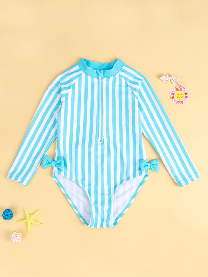 Toddler Girls Striped Bow Decor One Piece Swimsuit