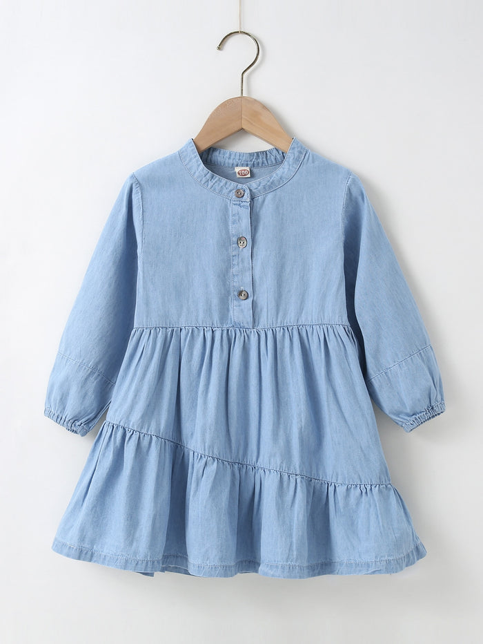 Toddler Girls Half Placket Ruffle Hem Denim Dress
