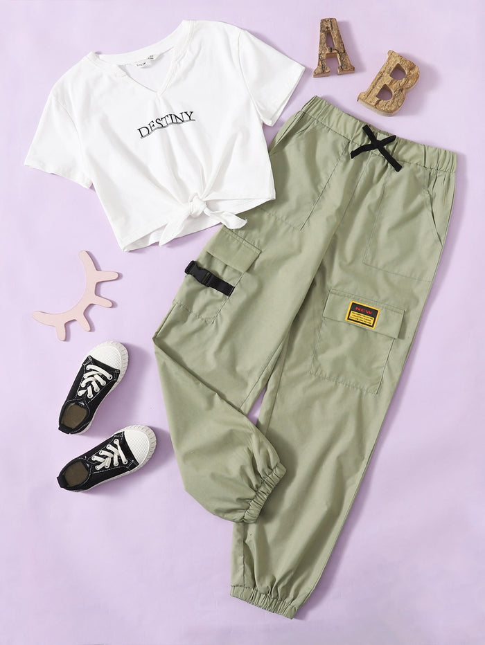 Girls Notch Neck Tie Hem Tee and Patched Cargo Pants Set Multicolor