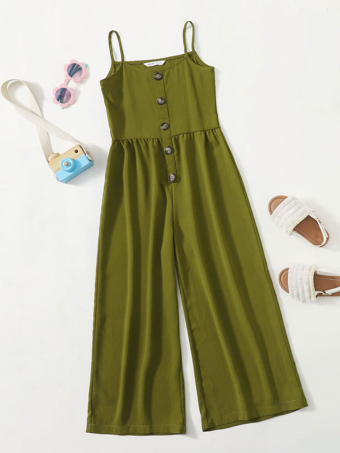 Girls Button Front Wide Leg Cami Jumpsuit