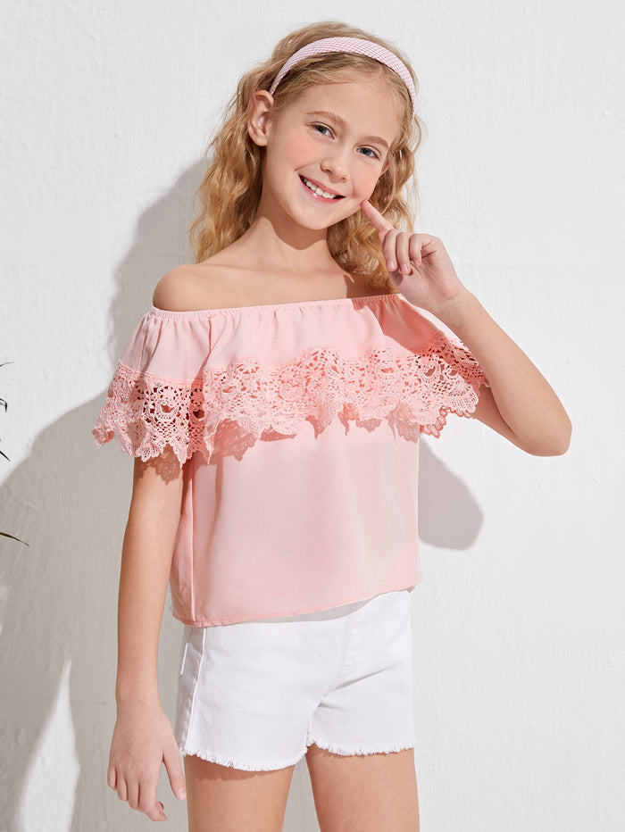 Girls Lace Ruffle Trim Bardot Top Baby Pink