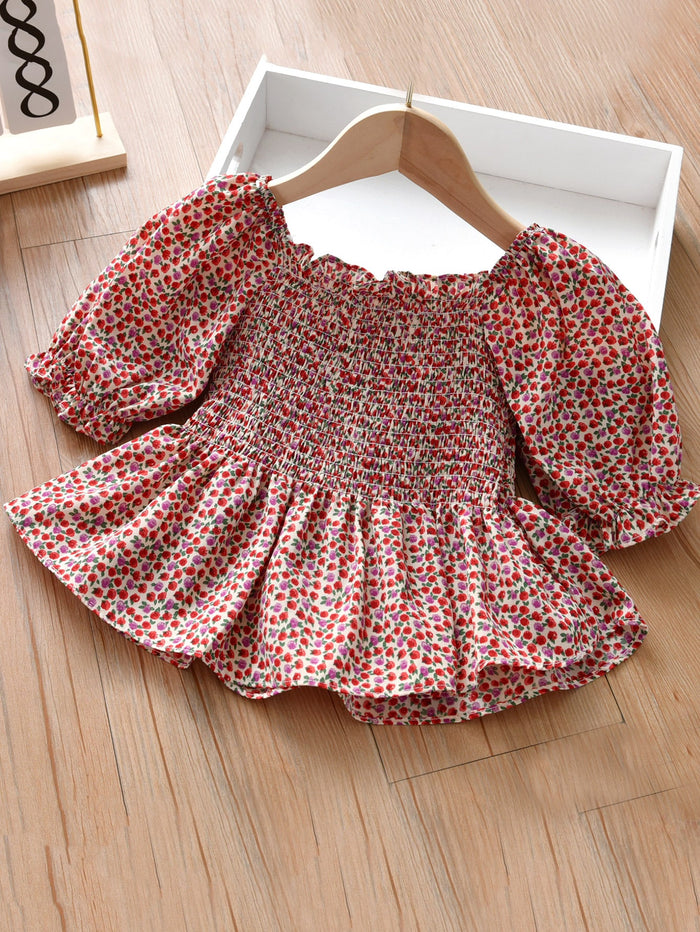 Toddler Girls Ditsy Floral Print Shirred Babydoll Blouse