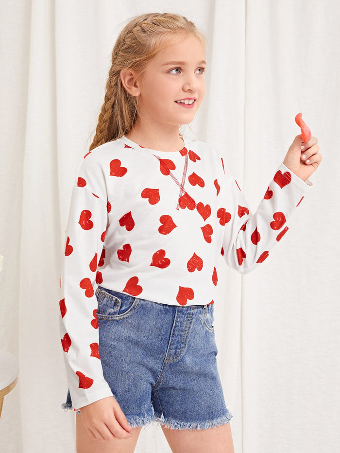Girls 1PC All Over Heart Print Tee